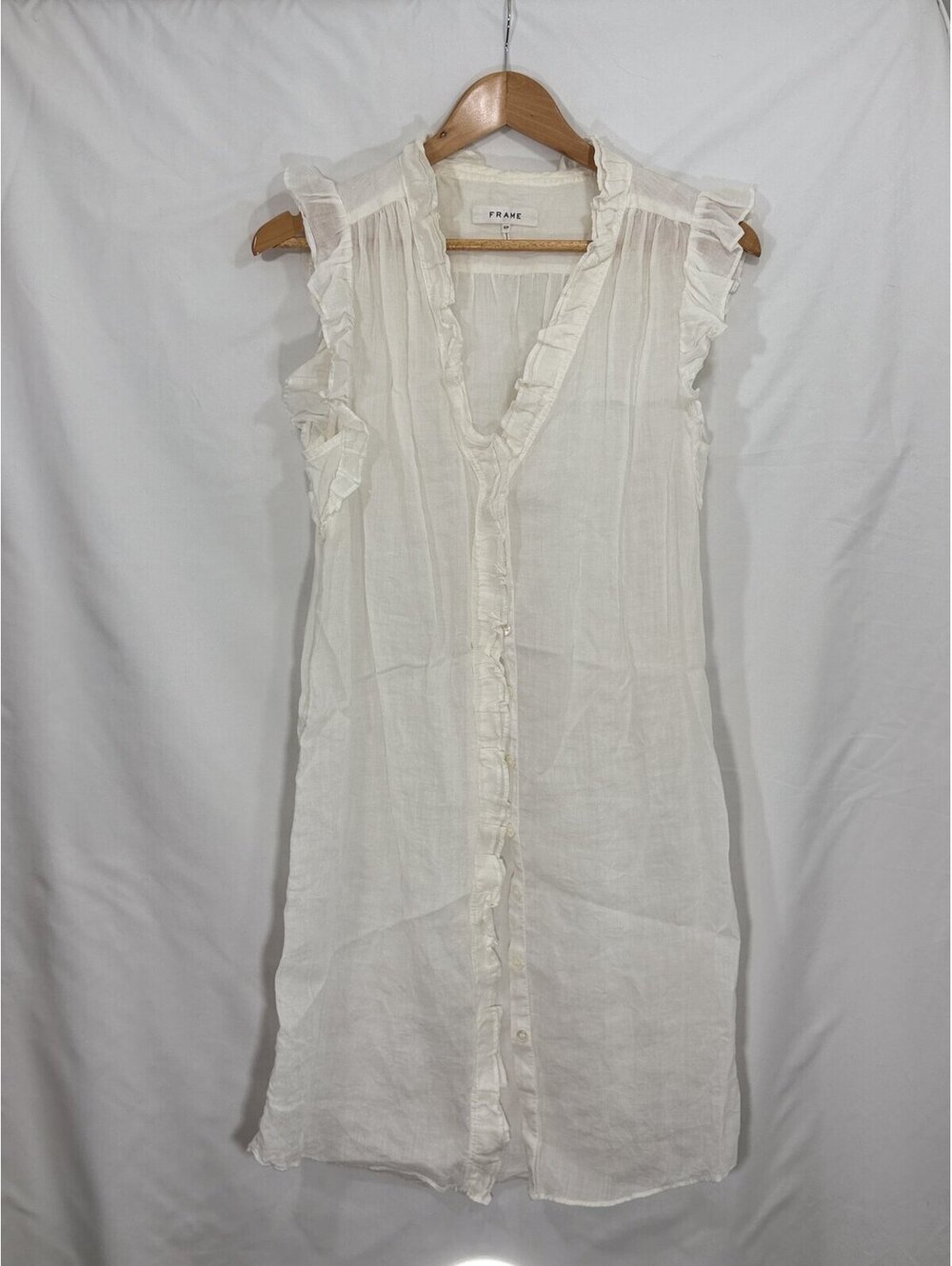 FRAME White Ruffle Trim Sleeveless Button Front Shirt Dress Size S